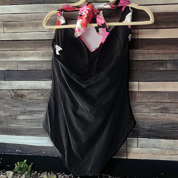 Aqua Green Pink Floral Halter One Piece Swimsuit - Picture 4 of 4